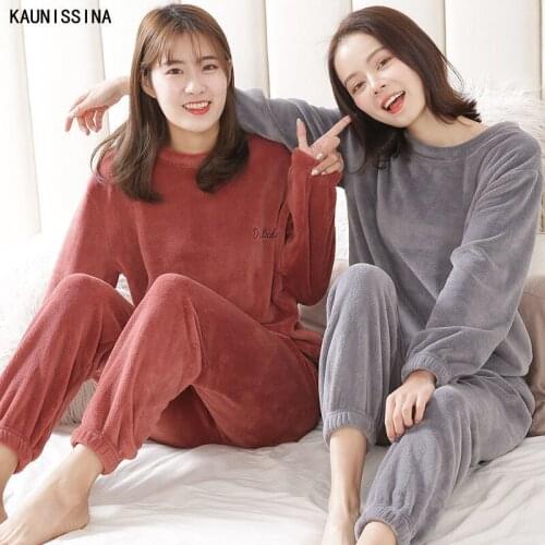 Womens Winter Sleepwear Flannel Velvet Pajamas Sets Thick Loose Casual Soft Warm Homewear Female Pajama Suit Loungewear