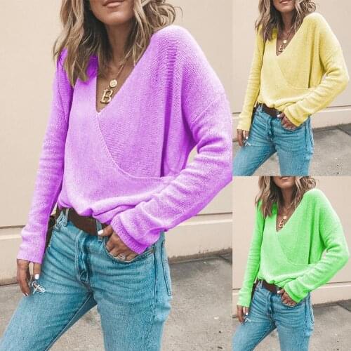 Women Stylish Autume Streetwear Casual Long Sleeve Deep V Neck Front Wrapped Knitted Sweater Pullover