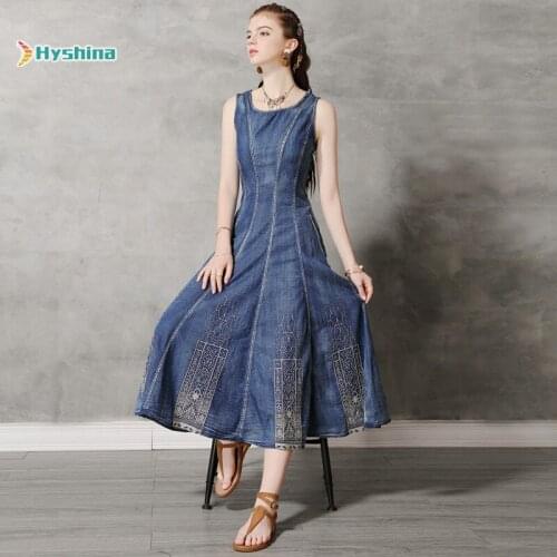 Womens Summer New Round Neck Vest Long Skirt Retro Embroidery Slim Fitting Denim Dress