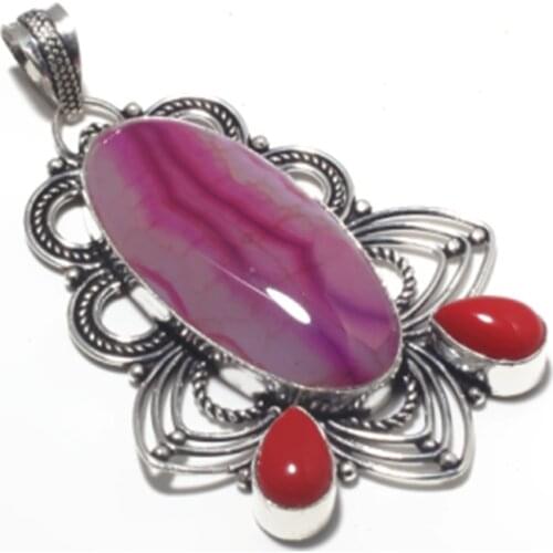 Agates + Coral Pendant Silver Overlay over Copper , 73 mm, P7036