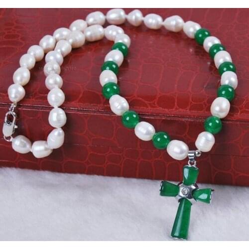 Free shipping Natural White Akoya Cultured Pearl/Green Jade Cross pendant(25X35MM) necklace