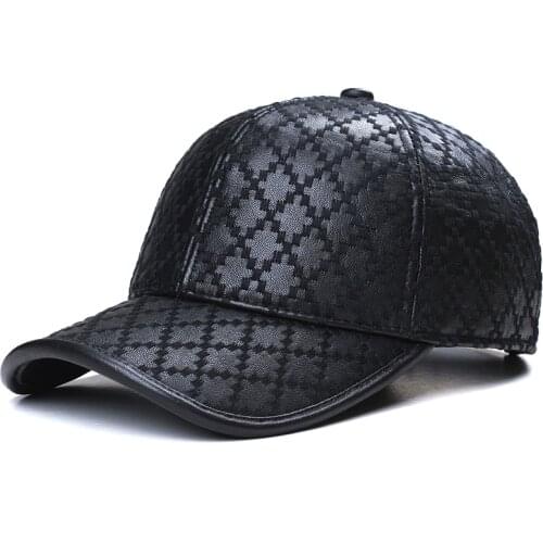 Exclusive Unisex Genuine Leather Rhombus Check Embroidered Baseball Cap Women Retro Casual Peaked Hat men Fishing Trucker Gorras