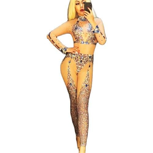 Sparkly Diamond Long Sleeve Skinny Stretch Jumpsuit Nightclub Evening Party Birthday Celebrate Bodysuit Jazz Dance Stage Costume