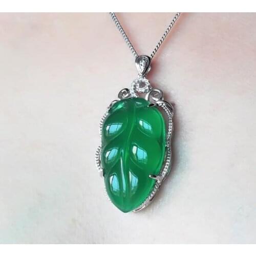 Natural Medullary Jade Medullary Necklace Pendant Carved leaf 925 silver Women Men Jewelry gift with Box