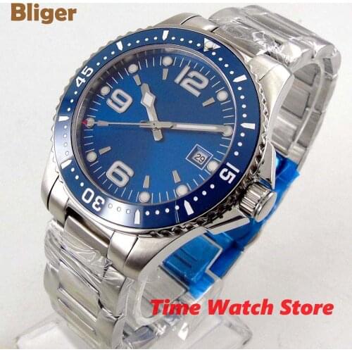 Bliger 40mm Miyota 8215 Automatic watch men sapphire glass waterproof blue dial luminous ceramic bezel SS bracelet