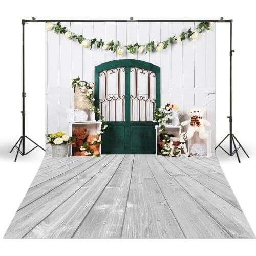 White Wood Wall Background Grainy Floor Backdrop Teddy Rattan Flowers Newborn Baby Portrait Photo Studio Booth Photoshoot Banner