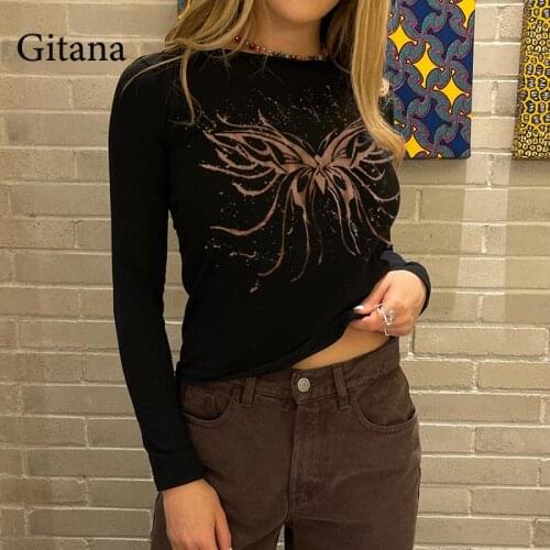 Gitana Y2K Print T Shirt Women O Neck Long Sleevet Tee Shirts Kawaii Goth Graphic Slim Autumn Crop Top Female Clothing 2021