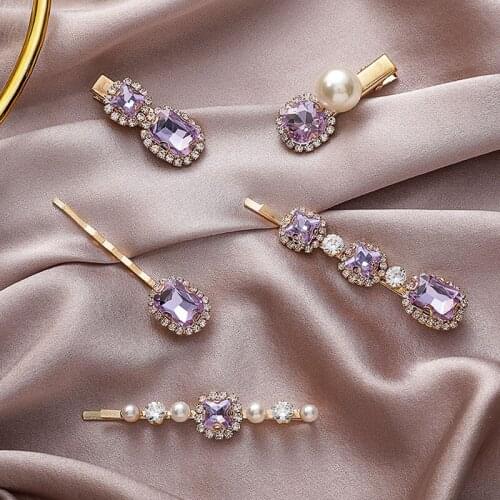 Hot Sell New Korean Vintage Purple Crystal Hairpins Elegant Pearl Hair Clips For Women Fashion Summer Holiday Hair Accessories