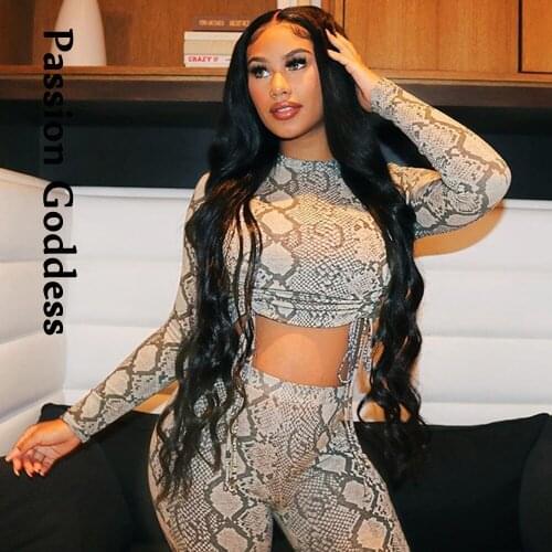 2 Piece Snake Skin Printed Sets Women Bandage Drawstring Cropped Shirts Tops High Waist Slim Pants Party Suit Two Piece Outfits