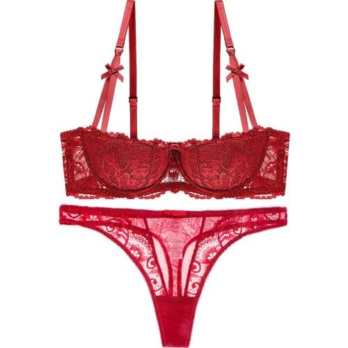Varsmiss sexy lace half cup underwire gather push up bra ladies embroidered lace underwear bra + thong panties 2pcs set