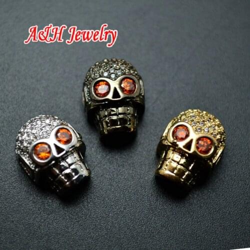 Cross-drilled hole Gold Silver Gun Black Color Plated Skull Head Beads Red Zircon Eyes Rhinestone Paved DIY Findings 10pc/lot