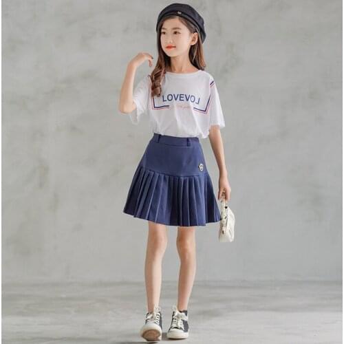 Summer Teen Girls Clothing Set 2021 Children Korean Printed T-shirt Ruched Skirt 2Pcs Kids Outfits Girl Clothes for 12 14 Years