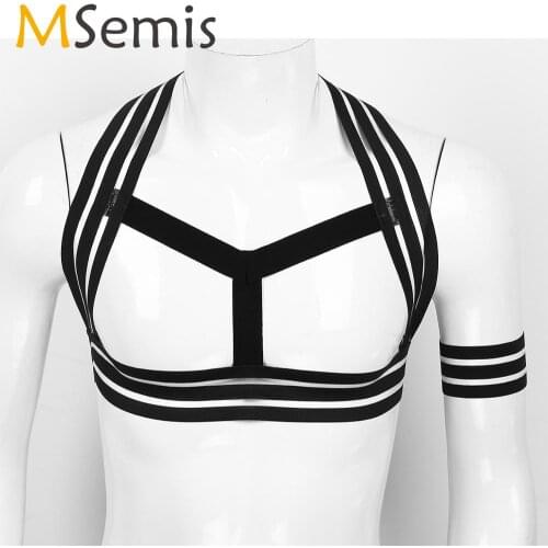 MSemis Men Body Chest Harness Belt Shoulder Support Brace Muscle Straps with Armband Clubwear Open Chest Crop Top Lingerie