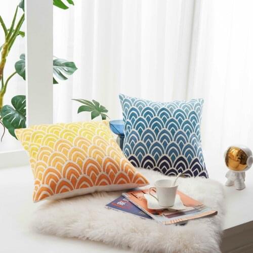 Handmade Cotton Canvas Embroidery Cushion Cover Boho Ethnic Yellow Navy Fish Scales Pillow Cover 45x45cm HomeDecoration