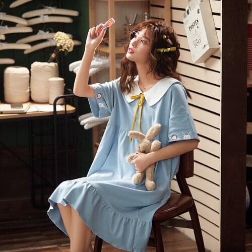2020 New Nightdress Womens Summer Cotton Short Sleeve Loose Large Pregnant Girls Lovely Pajamas Nightgowms Set