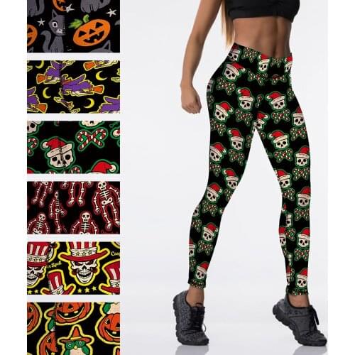 FCCEXIO New Arrival High Waist Fitness 3D Skulls Print Pumpkin Leggings Women Workout Legging Halloween Jeggings Women Pants
