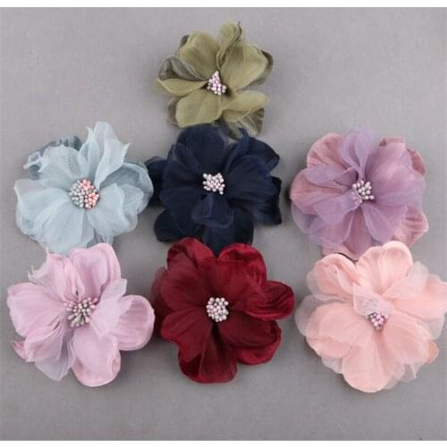 Wholesale Price 20PCS 75MM Romantic Chifon Flowers Girls Hair Jewelry DIY Garment Ornament Accessories Floral Button Patch Stick
