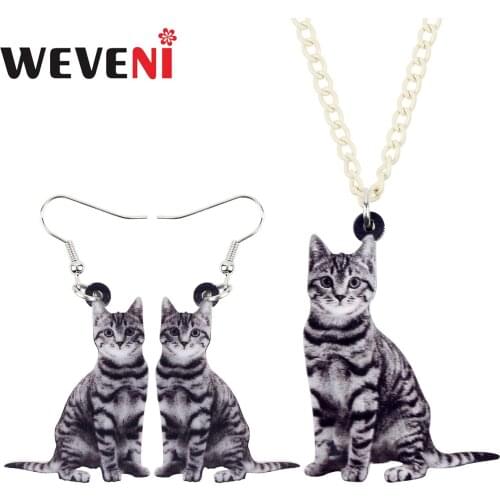 WEVENI Acrylic Grey Cat Kitten Earrings Necklace Sweet Animal Jewelry Sets Suits Gift For Women Girls Teens Ladies Accessories