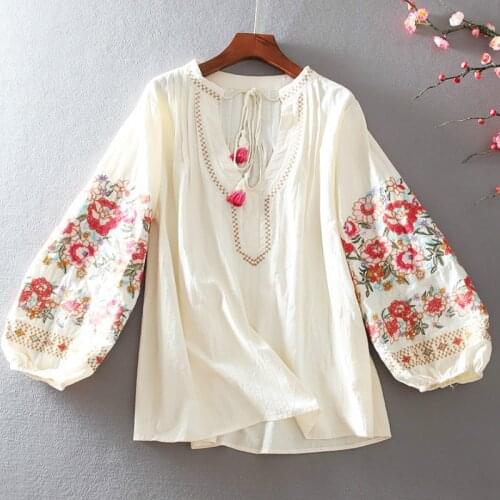 Orgypsy Lantern Long Sleeve Blouses Shirt Women 2020 Cotton Linen Floral Embroidery Tassel Loose Causal Pullover Top Boho Blouse