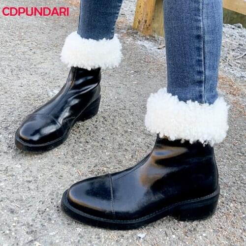 Black White Genuine Leather Platform Wool Snow Boots Women Med Heels Ankle Short Boots Winter Shoes Botas De Invierno Para Mujer