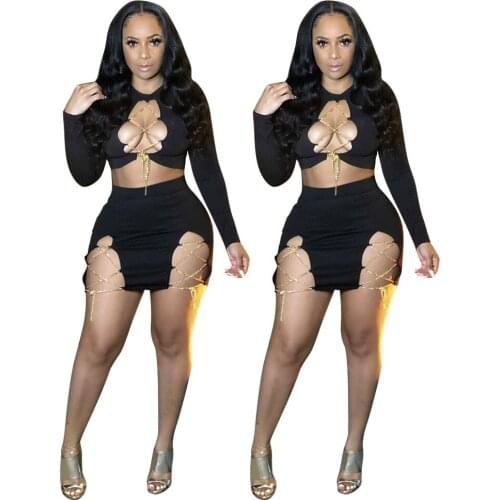 Echoine Metal Chain Lace Up 2 Piece Set Woman Long Sleeve Criss Cross Crop Top and High Waist Mini Skirt Night Clubwear Outfits