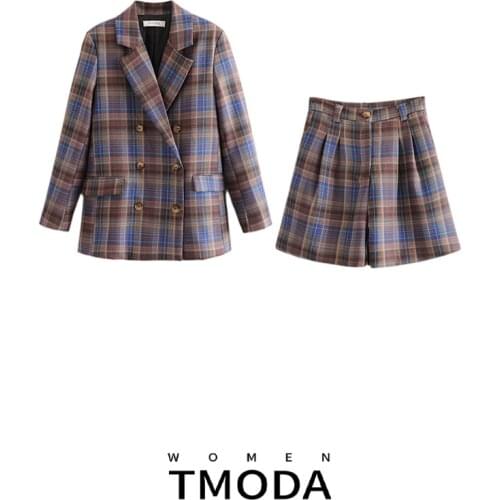 TMODA518 2021 Spring Lattice Suit Jacket Office Lady Formal Blazer Double Breasted High Waist Brmuda Shorts Two Peice Set Women