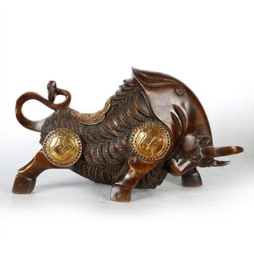 10.8" China Folk Bronze Wealth Feng Shui Zodiac Animal Coin Ox Bull Cattle Statue