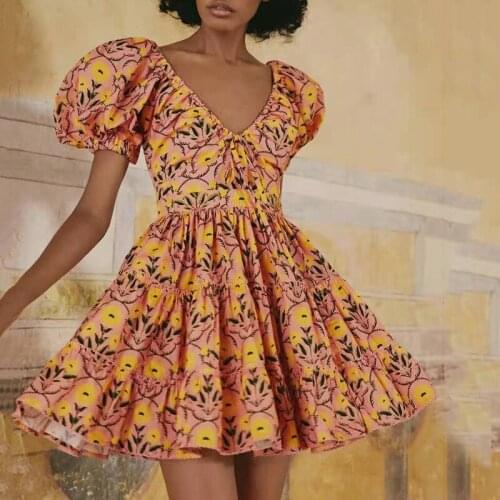 2021 French Style Vintage Puff Sleeve Flounced Prom Dress Lady Sexy V Neck Floral Print High Waist Slim Evening Party Vestido