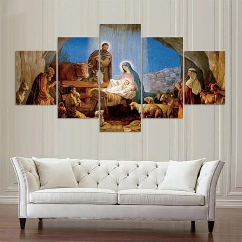 New Canvas Poster Home Decor Pictures 5 Piece/Pcs Birth Of Christian Jesus Framed Wall Art Painting HD Printed Living Room
