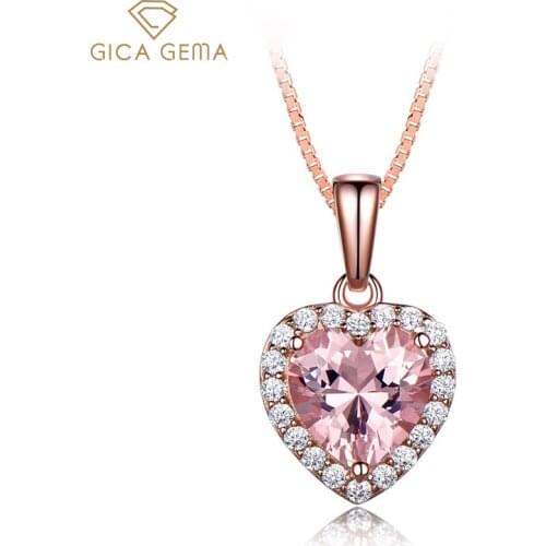 GICA GEMA Heart Pink Morganite Pendant Necklaces For Women Real 925 Sterling Silver Zircon With Box Chain Engagement Jewelry