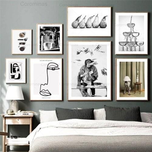 Canvas Painting Nordic Vintage Poster Monkey Pears Coffee Champagne Line Face Abstract Wall Art Hd Print Pictures for Home Decor