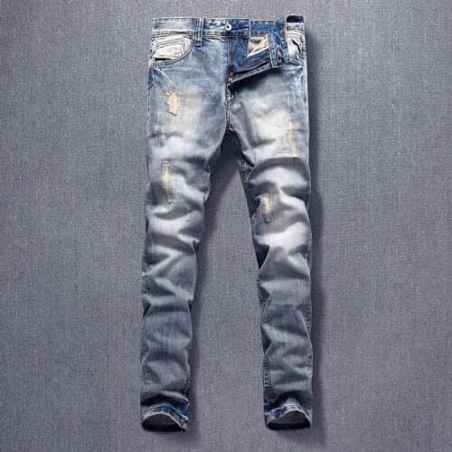 Korean Style Fashion Men Jeans Retro Light Blue Slim Ripped Jeans Men Streetwear Embroidery Designer Hip Hop Denim Punk Pants