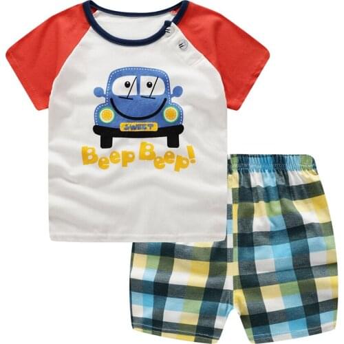 Summer Baby Boys Two Pieces Suit Car Cartoon Design Short Sleeves + Plaid Shorts 2 Pieces Set Toddler Clothing