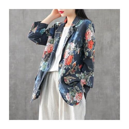Literary Printing Linen Cardigans Floral Jackets Women Loose Spring Casual Retro Lapel Long Sleeve Thin Outwear Jaqueta Feminina