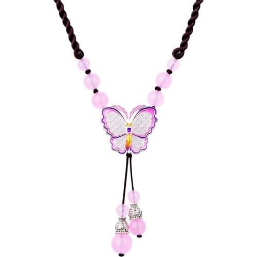 Jade Butterfly Pendant Necklace Chalcedony Pink Agate Amulet Fashion Natural Charm Jewelry Gifts for Women Her