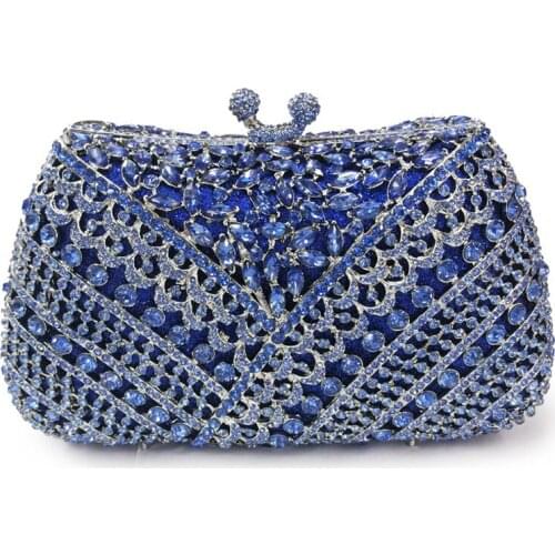 New Fashion Silver Metal Blue Rhinestone Purse Fashion Womens Evening Clutch Bag Fashion Female Shoulder Crystal Small Handbags