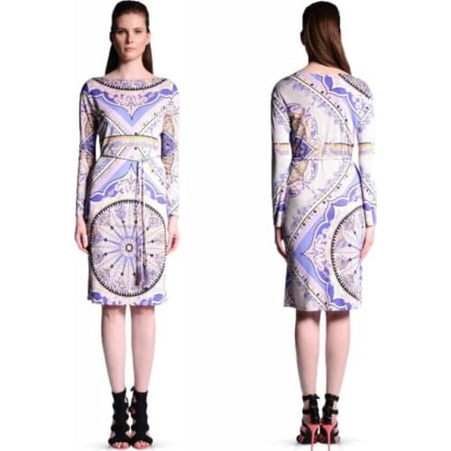 New Italian fashion runways round collar belt lavender printed elastic knitting slim dress