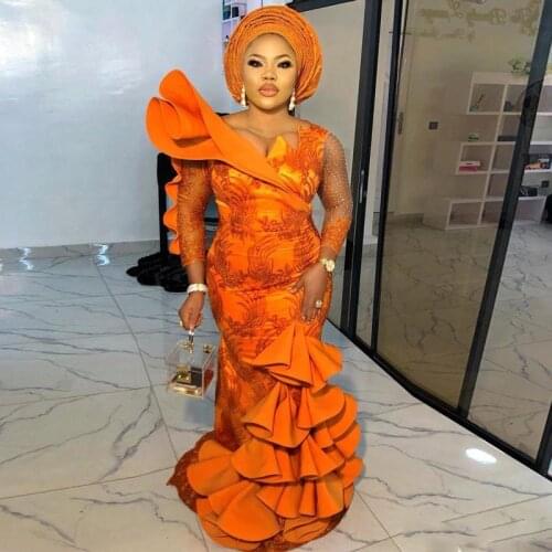 Orange Aso Ebi South African Evening Dresses Mermaid 3/4 Sleeves Appiques Beaded Nigeria Saudi Arabic Evening Gown Prom Dress