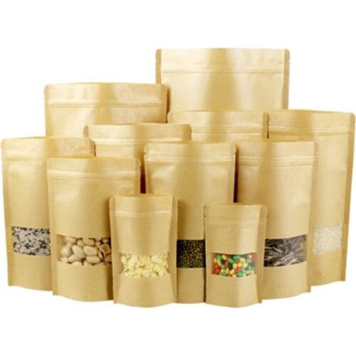 High Quality 10Pcs/lot Kraft Paper Bag Window Zip lock Empty Dried Food Fruit Tea Gift package Self Sealing Zipper Stand up Bags