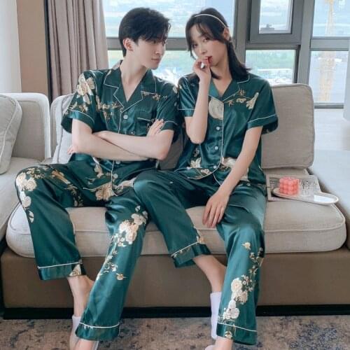 Short Sleeve Trouser Pure Color or Printed Flower Pajama Set Men Thin Silk Sleepwear Set Satin Lounge Wear Couple Snight Pijamas