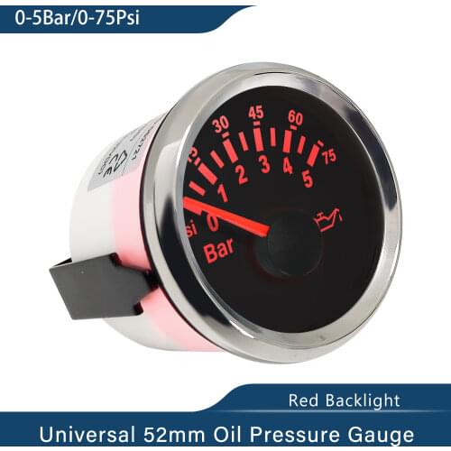 Popular 2" Oil Pressure Gauge Meter 0-5bar 0-75Psi For Car Truck Boat Yacht With Red Backlight 12V 24V