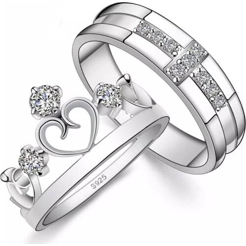 Silver Plated Womens Heart-shaped Crown Engagement Ring Mens Cross Wedding Ring Lovers' Ring Love Commitment Jewelry Size US11