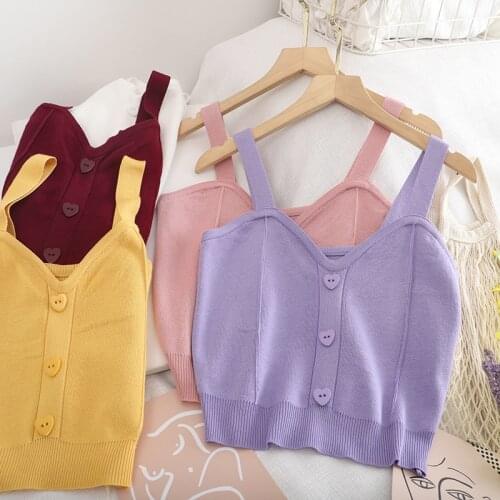 Knitted Women Crop Top Casual Button Up V Neck Sleeveless Slim Streetwear Tank Ropa Mujer Verano W813