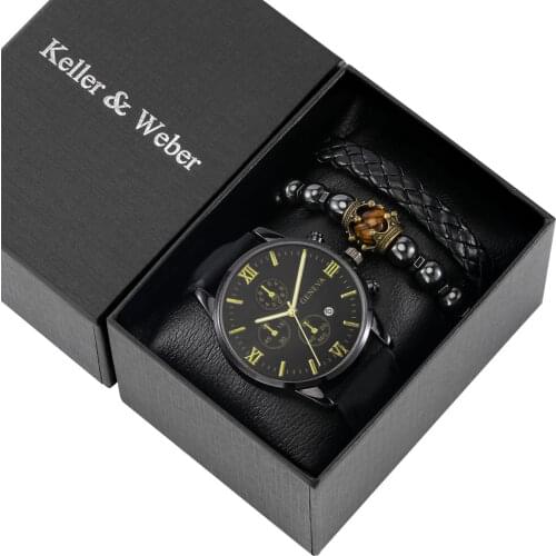 Vintage Watch Bangles Sets Gifts Black Gallstone Braided Leather Bracelet Well Packed Quartz Male Clock Gifts Box with Pillow