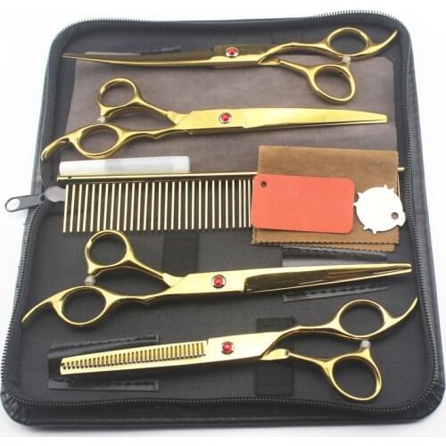 5 kit Japan 440c 7 '' gold pet dog grooming hair scissors pet cutting shears haircut thinning barber hairdressing scissors set