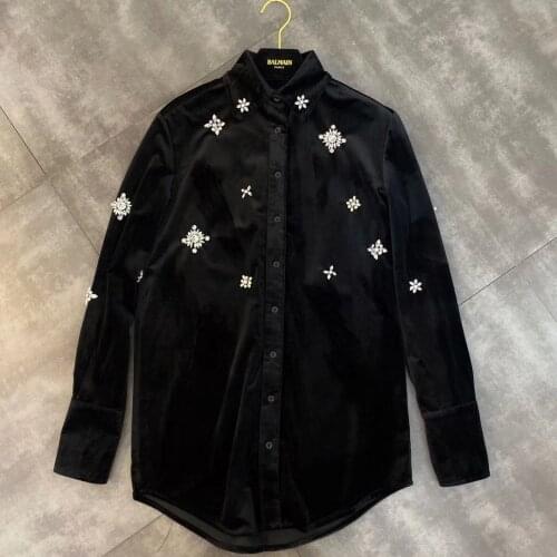 Korean Promotion Plus Size Blusas Womens Shirt Diamond Velvet 2020 New Lapel Sleeve Spring Turn-down Collar Full One Size