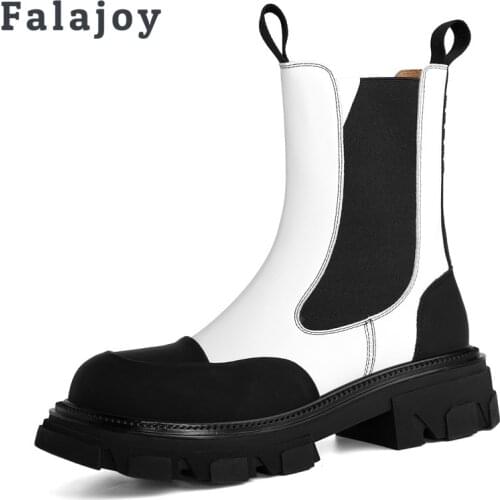 Falajoy Patchwork Chelsea Ankle Boots Women Genuine Leather Slip on Platform Booties Brand Fashion Winter Shoes Female 2021