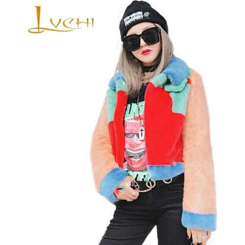 LVCHI Winter 2019 Real Fur Mink Coat Colorful Natural Fur Causal Coat Womens Turn-Down Collar Patchwork Short Loss Mink Coats