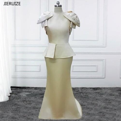 JIERUIZE Chmapagne Peplum Mermaid Evening Dresses Beaded Bow Formal Dresses Evening Gowns vestido de festa longo robe de soiree