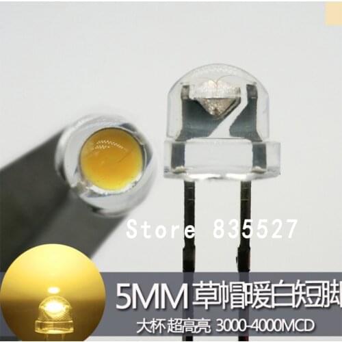 100pcs/lot 5mm warm white LED straw hat F5 big large chip super bright 0.25W LED light emitting diode lamp beads for DIY lights